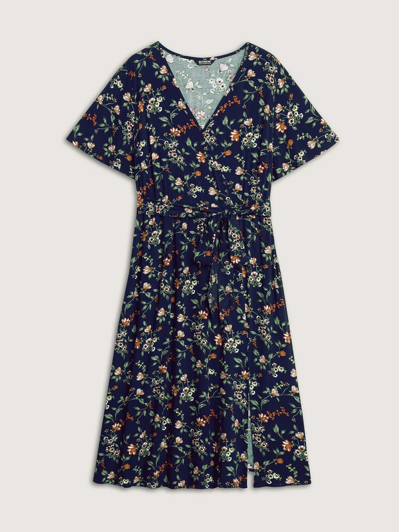 Rayon Floral Side-Tie Stretchy Midi Dress