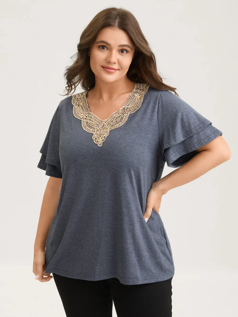 Layered Sleeve Lace Neck Solid T-Shirt