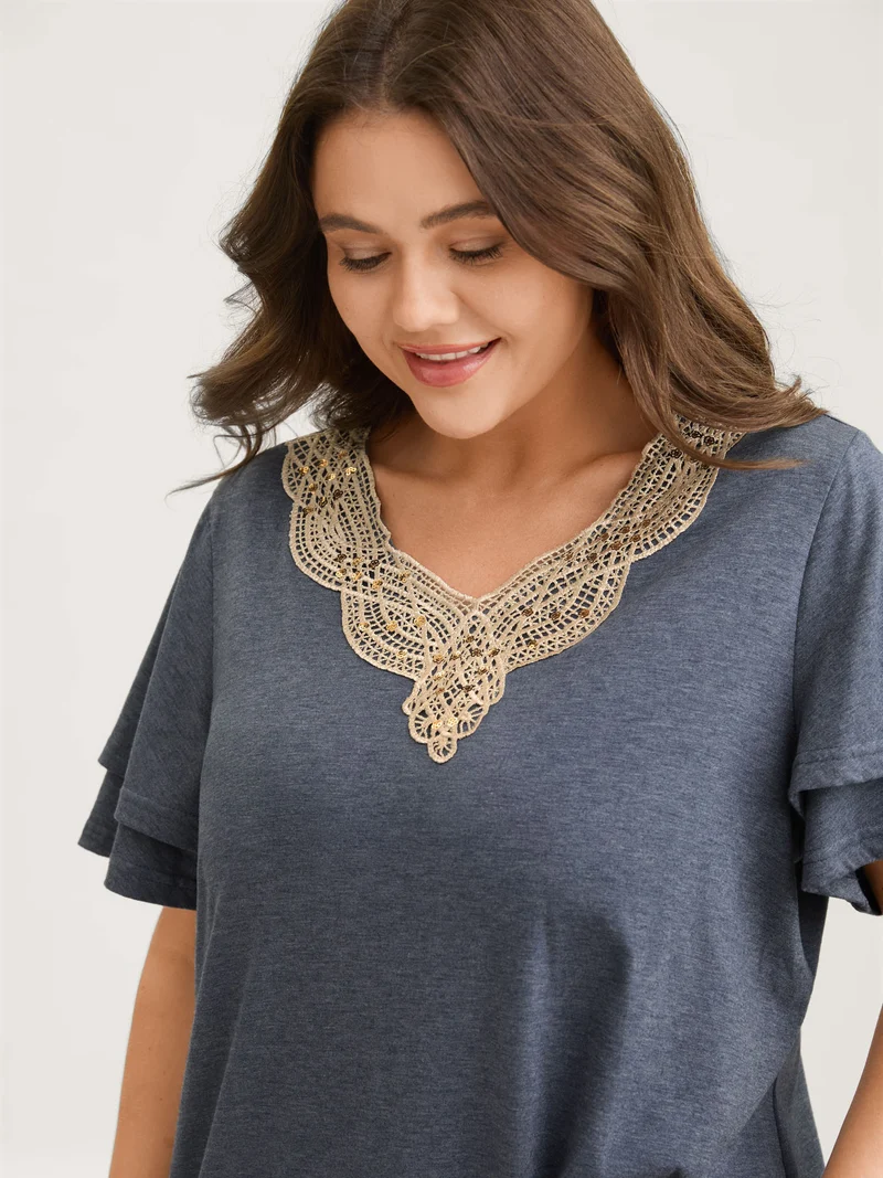 Layered Sleeve Lace Neck Solid T-Shirt