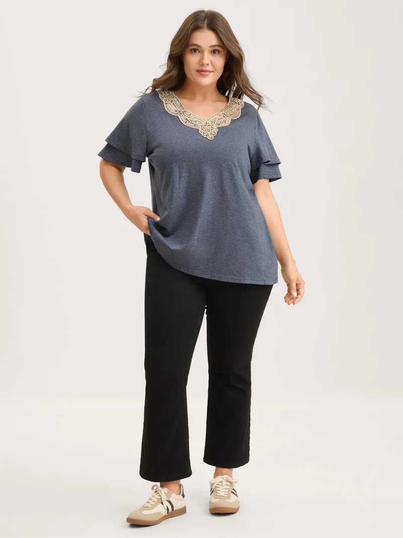 Layered Sleeve Lace Neck Solid T-Shirt