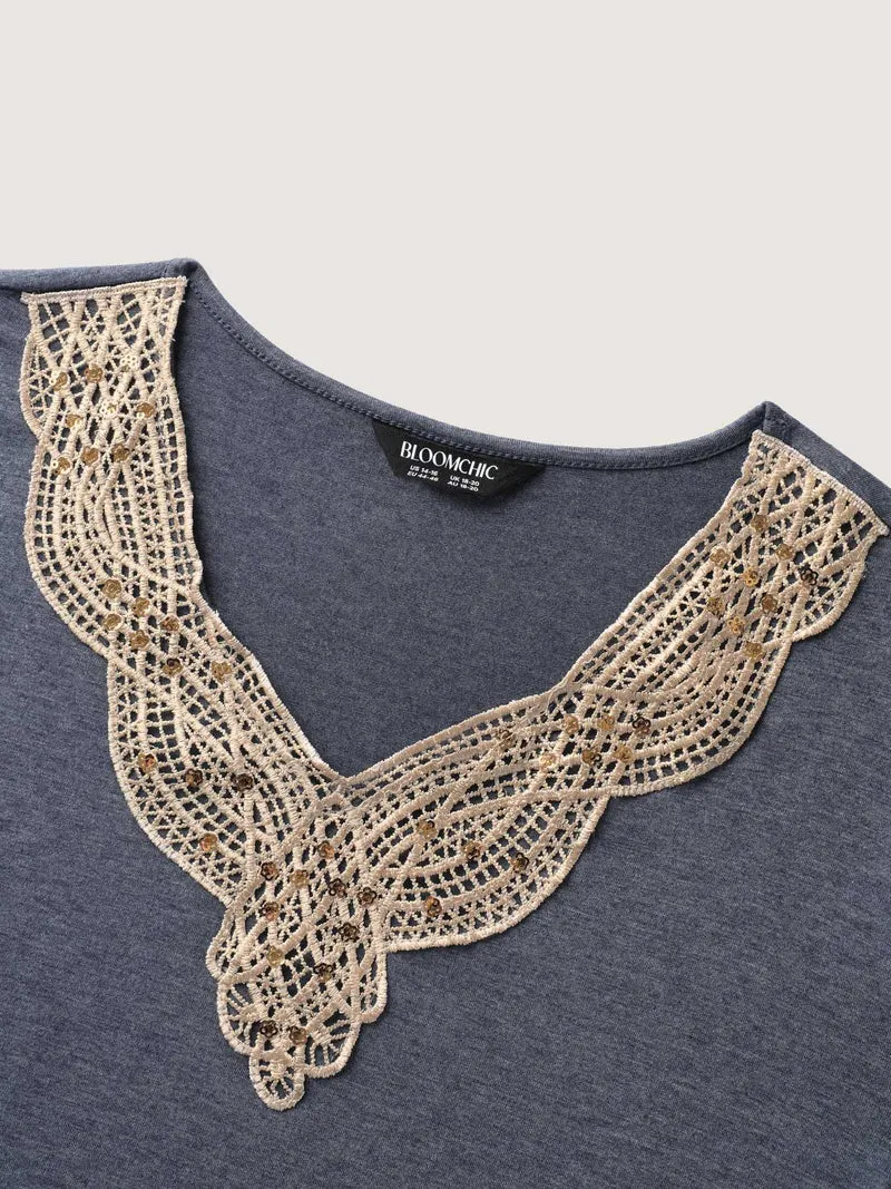 Layered Sleeve Lace Neck Solid T-Shirt