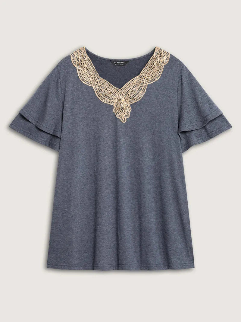 Layered Sleeve Lace Neck Solid T-Shirt