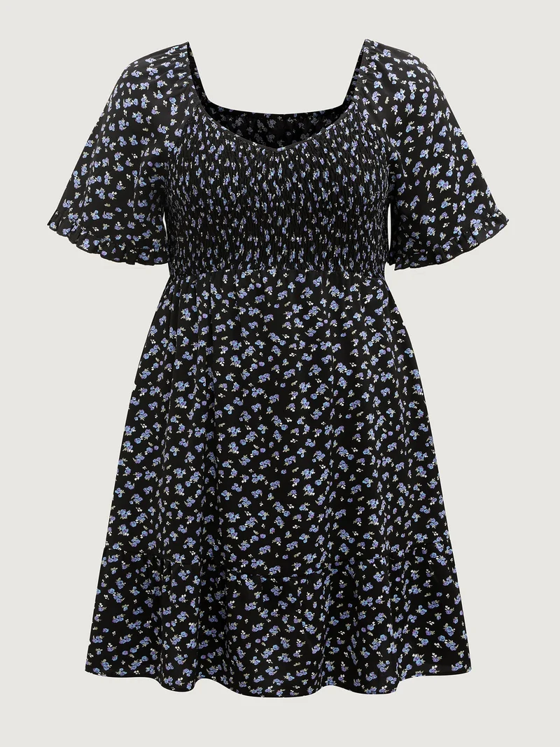Ditsy Floral Shirred Bodice Midi Dress
