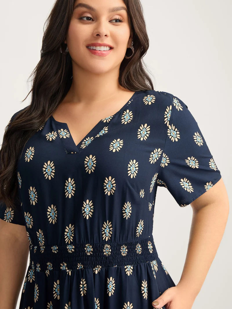 Rayon Geometric Floral Print Shirred Midi Dress