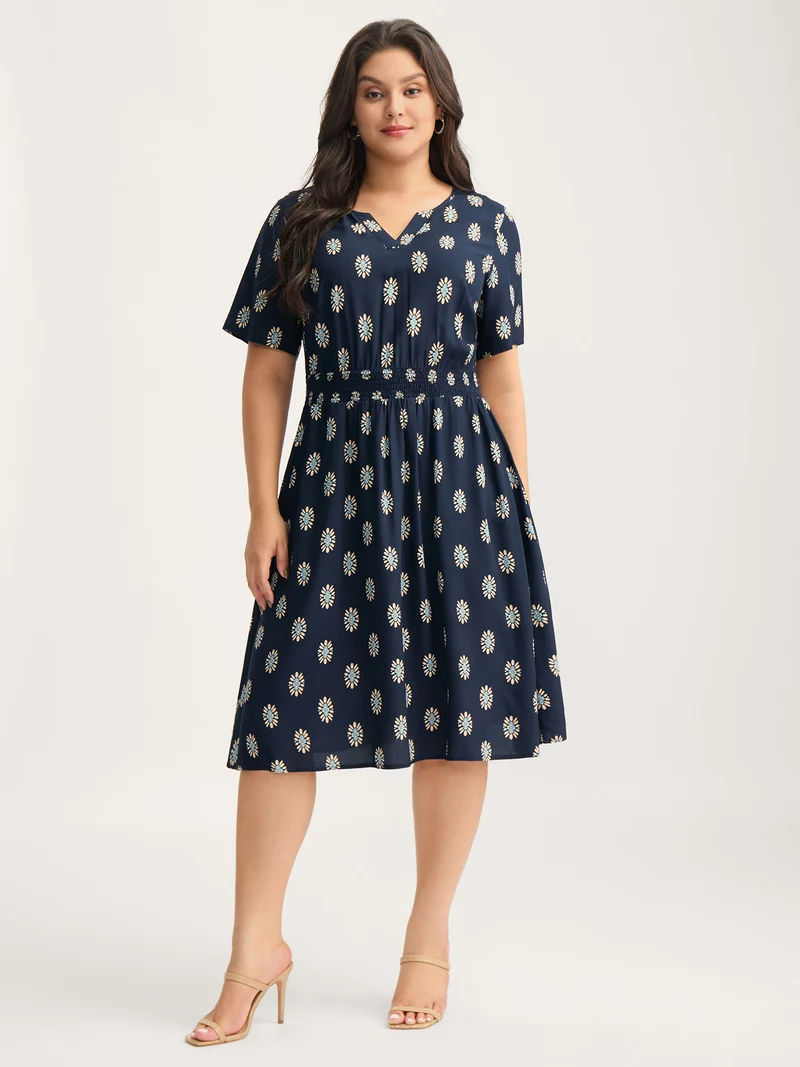 Rayon Geometric Floral Print Shirred Midi Dress