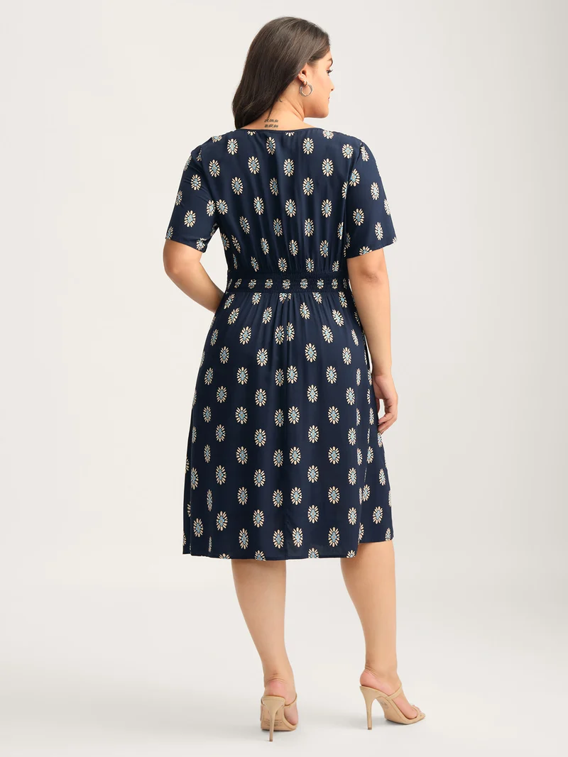 Rayon Geometric Floral Print Shirred Midi Dress