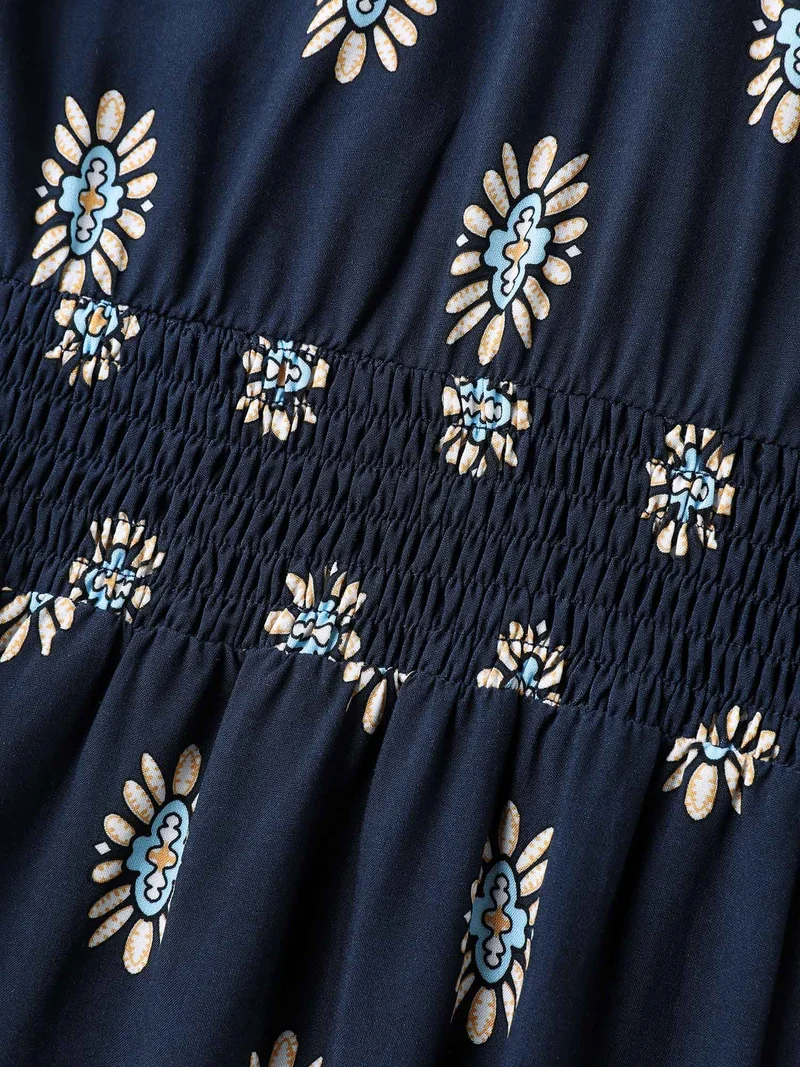 Rayon Geometric Floral Print Shirred Midi Dress