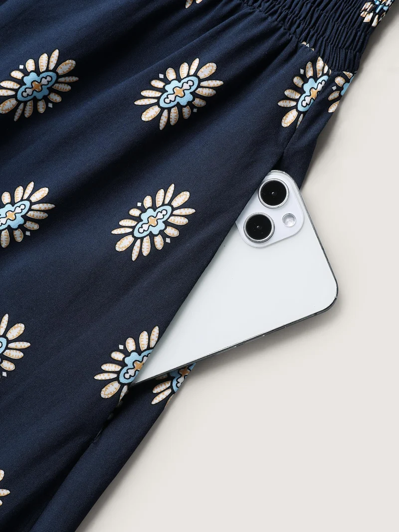 Rayon Geometric Floral Print Shirred Midi Dress