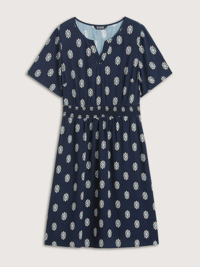 Rayon Geometric Floral Print Shirred Midi Dress