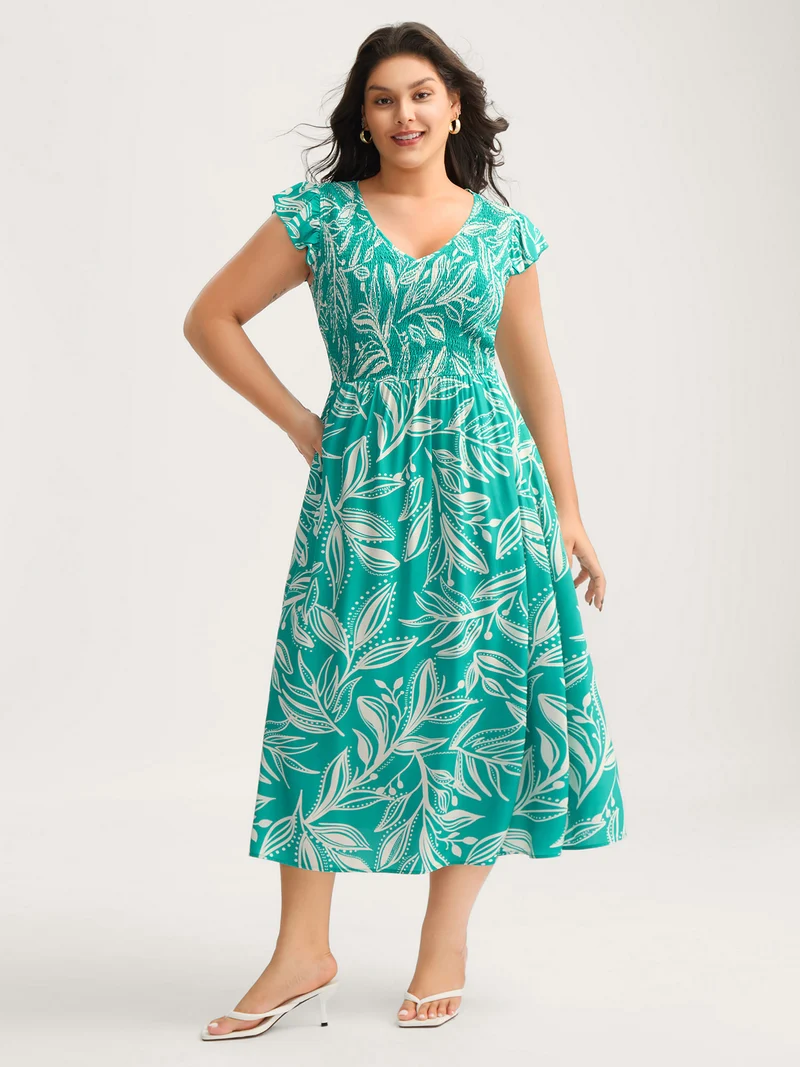 Rayon Leafy Print Shirred Midi Dress