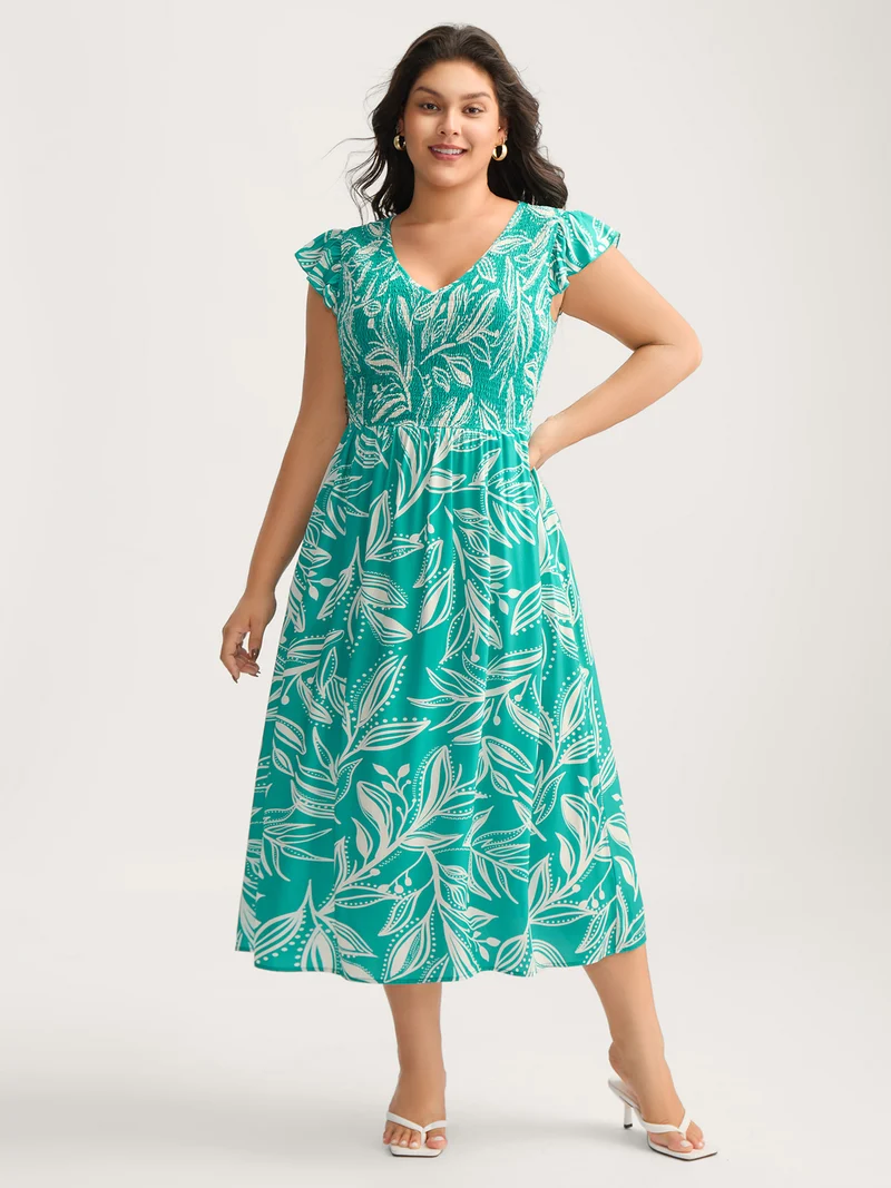 Rayon Leafy Print Shirred Midi Dress