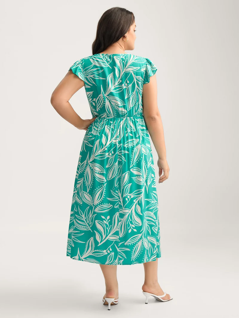 Rayon Leafy Print Shirred Midi Dress