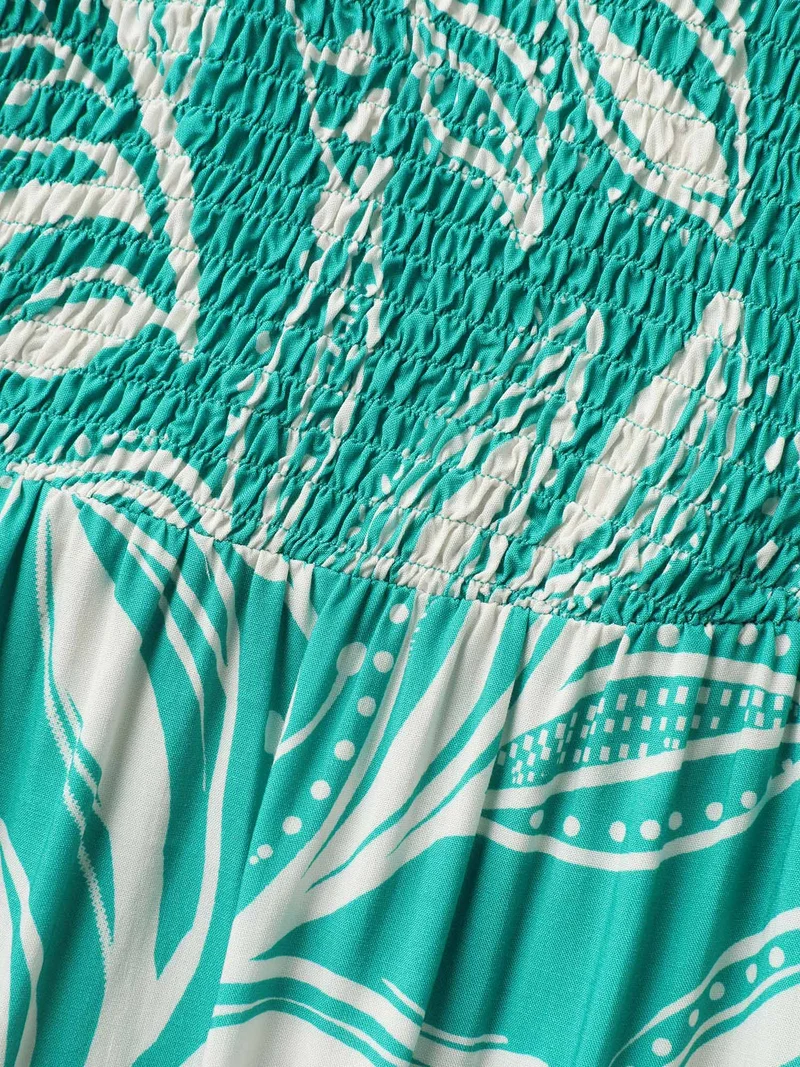 Rayon Leafy Print Shirred Midi Dress