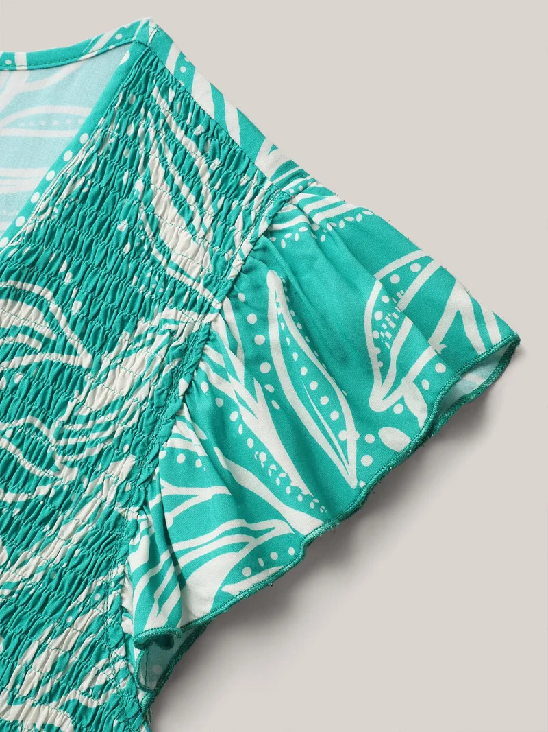 Rayon Leafy Print Shirred Midi Dress