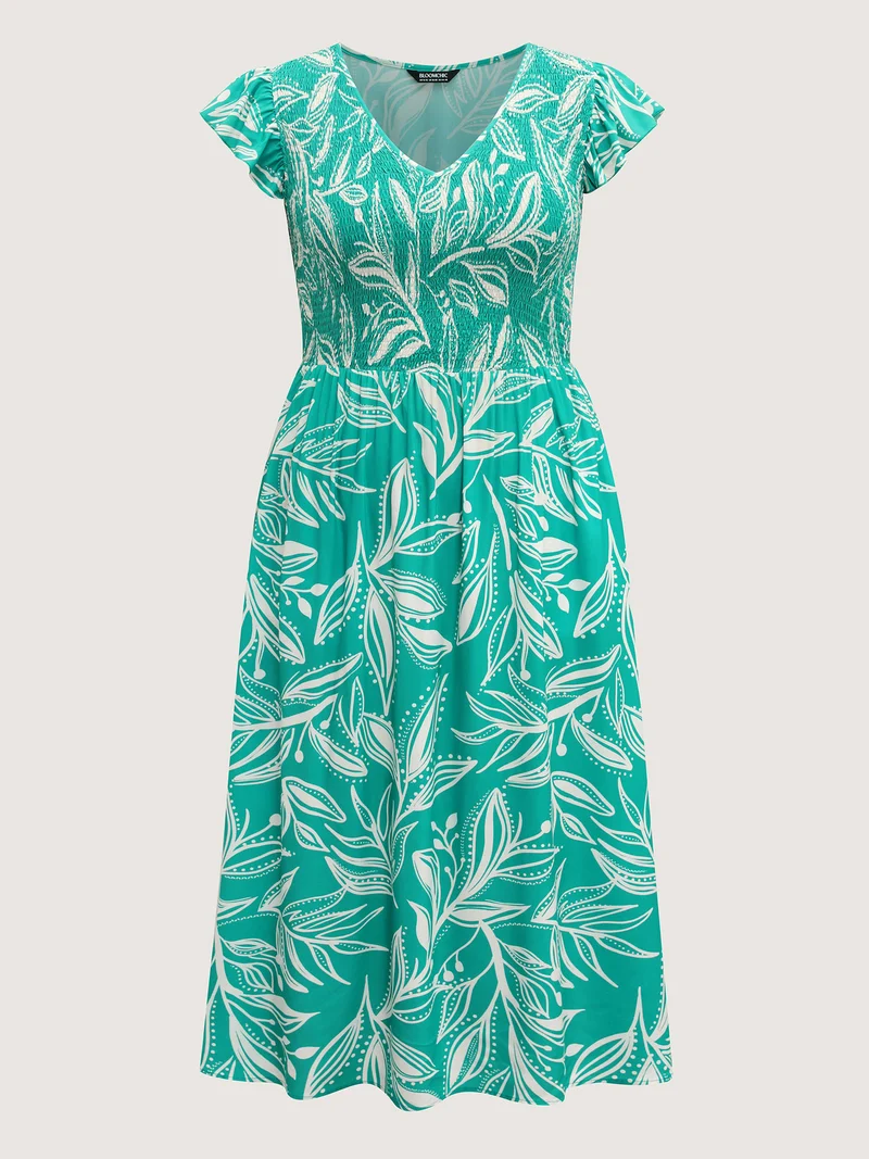Rayon Leafy Print Shirred Midi Dress