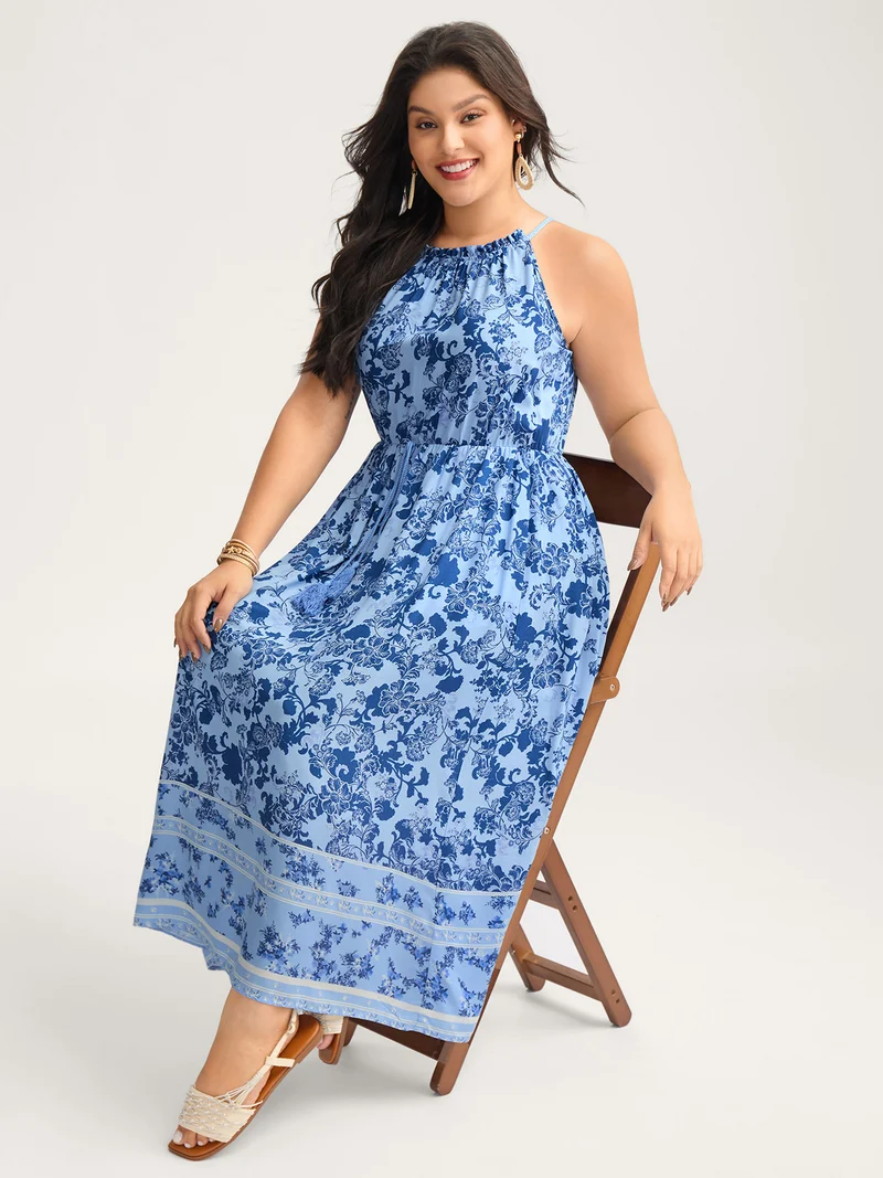 Rayon Braided Shoulder Straps Floral Midi Dress