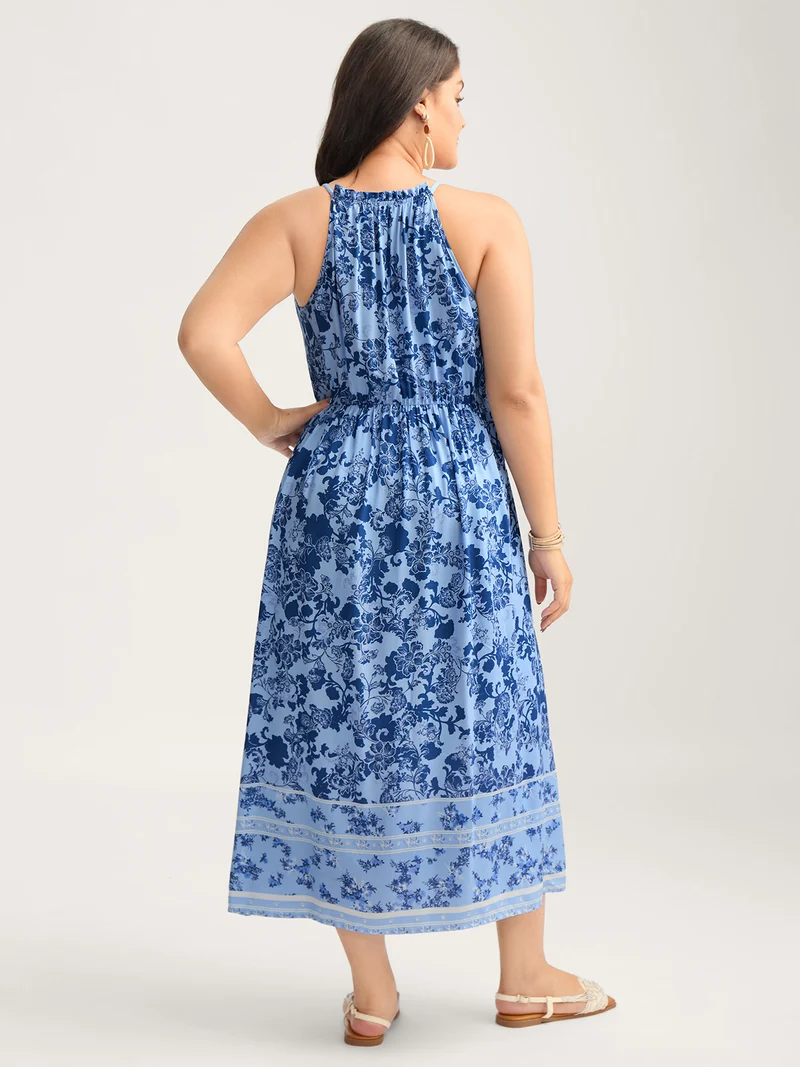 Rayon Braided Shoulder Straps Floral Midi Dress