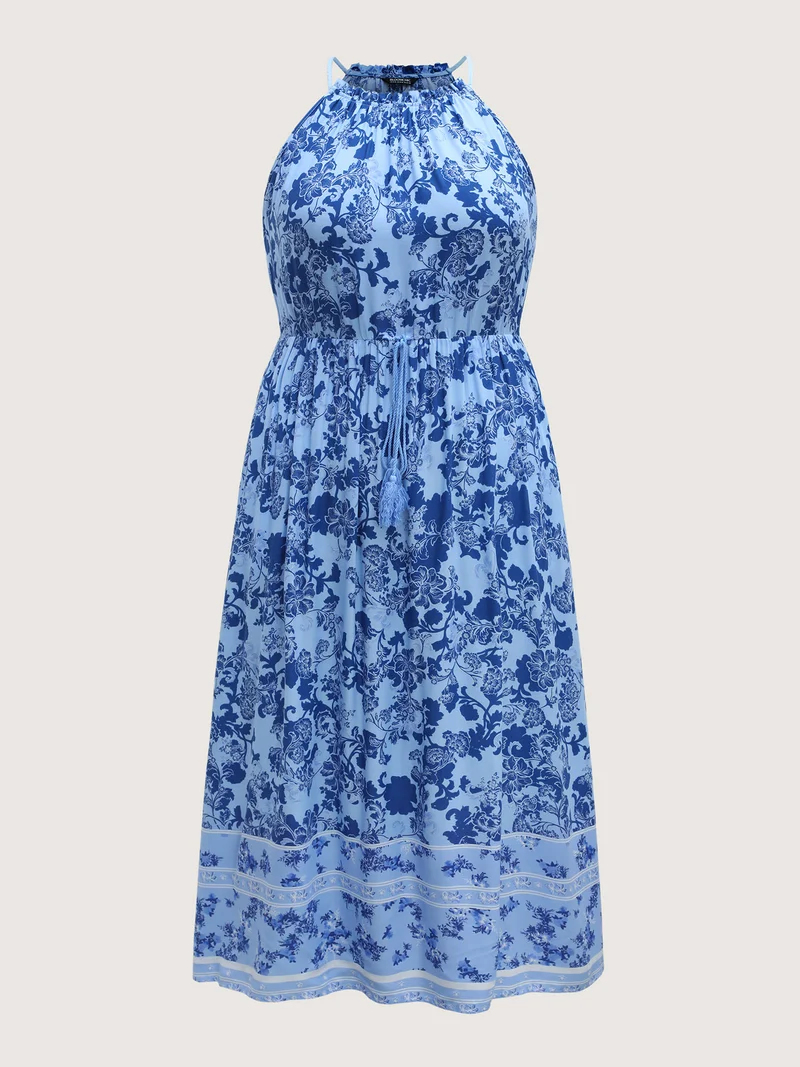 Rayon Braided Shoulder Straps Floral Midi Dress