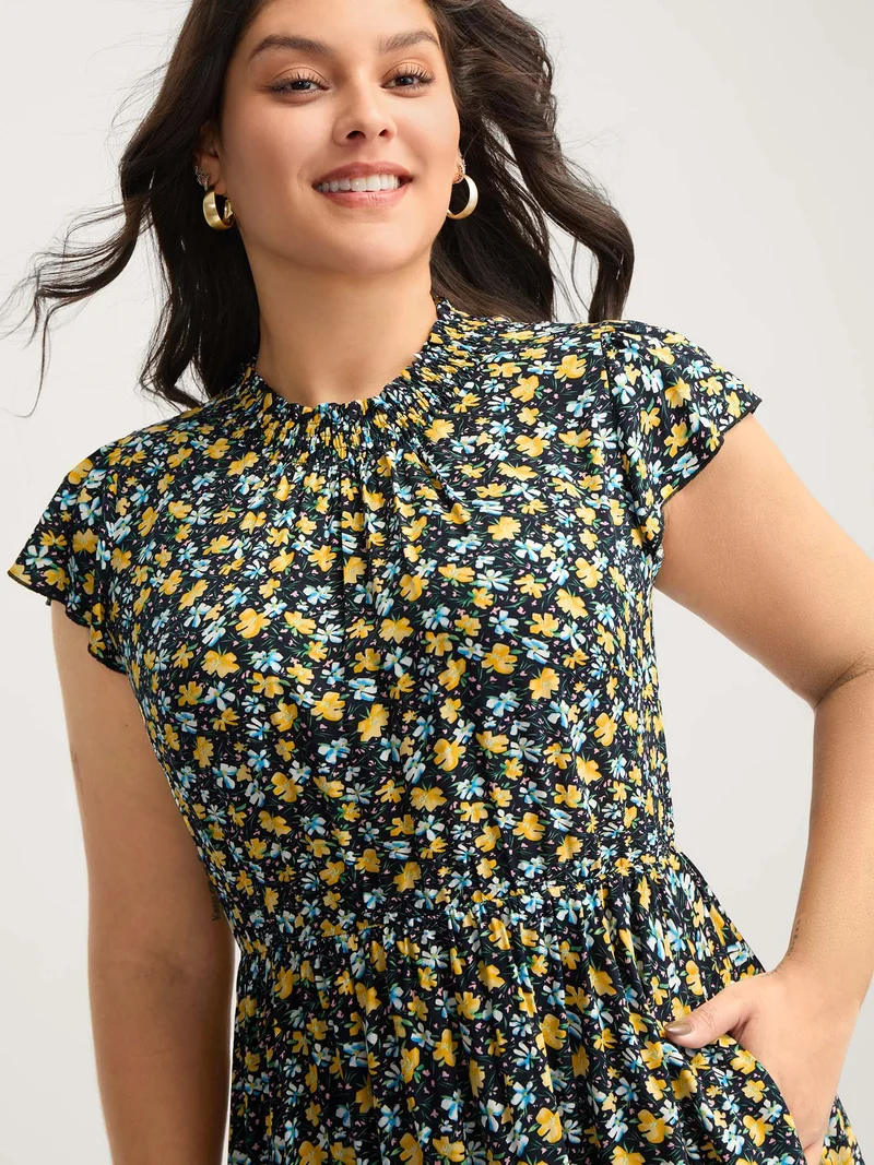 Floral Shirred Mock Neck Pockets Midi Dress
