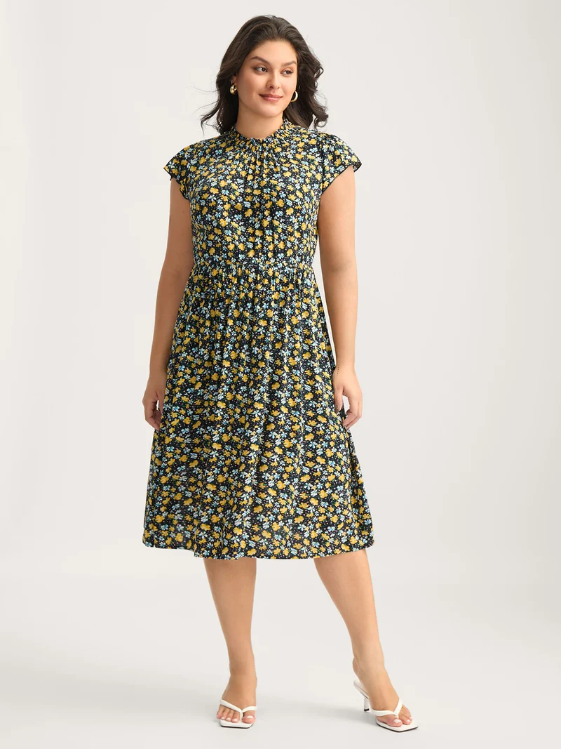 Floral Shirred Mock Neck Pockets Midi Dress