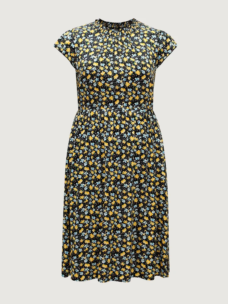 Floral Shirred Mock Neck Pockets Midi Dress