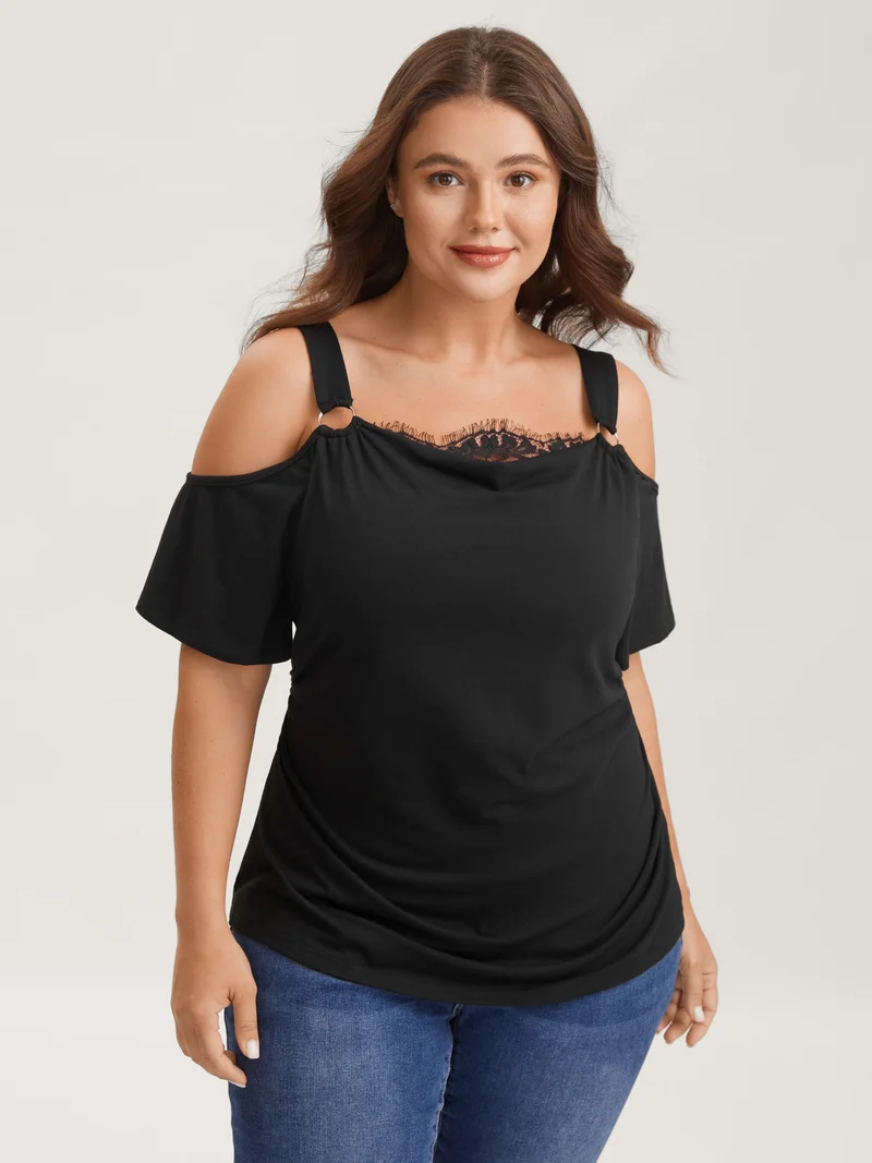 Lace Trim Cowl Neck Off-Shoulder T-Shirt