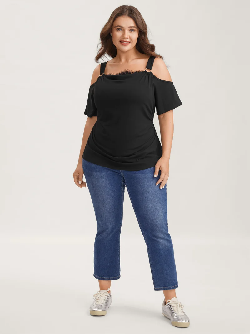 Lace Trim Cowl Neck Off-Shoulder T-Shirt