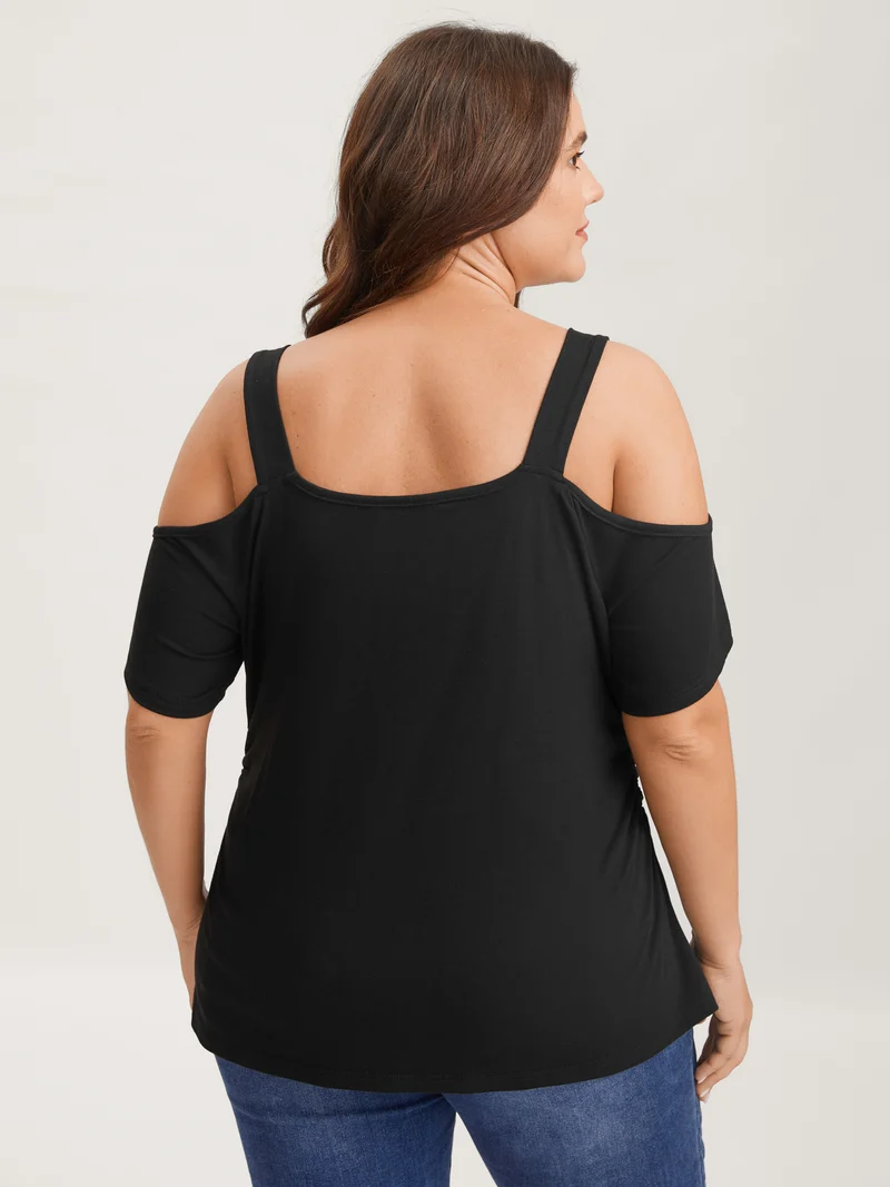 Lace Trim Cowl Neck Off-Shoulder T-Shirt
