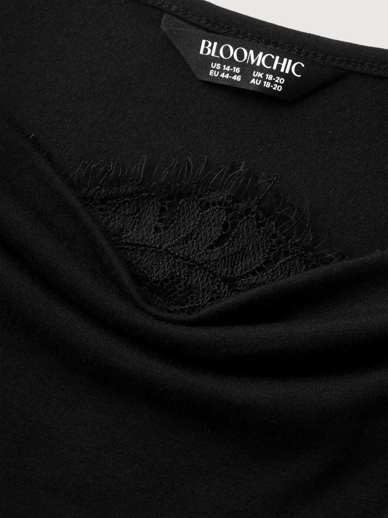 Lace Trim Cowl Neck Off-Shoulder T-Shirt