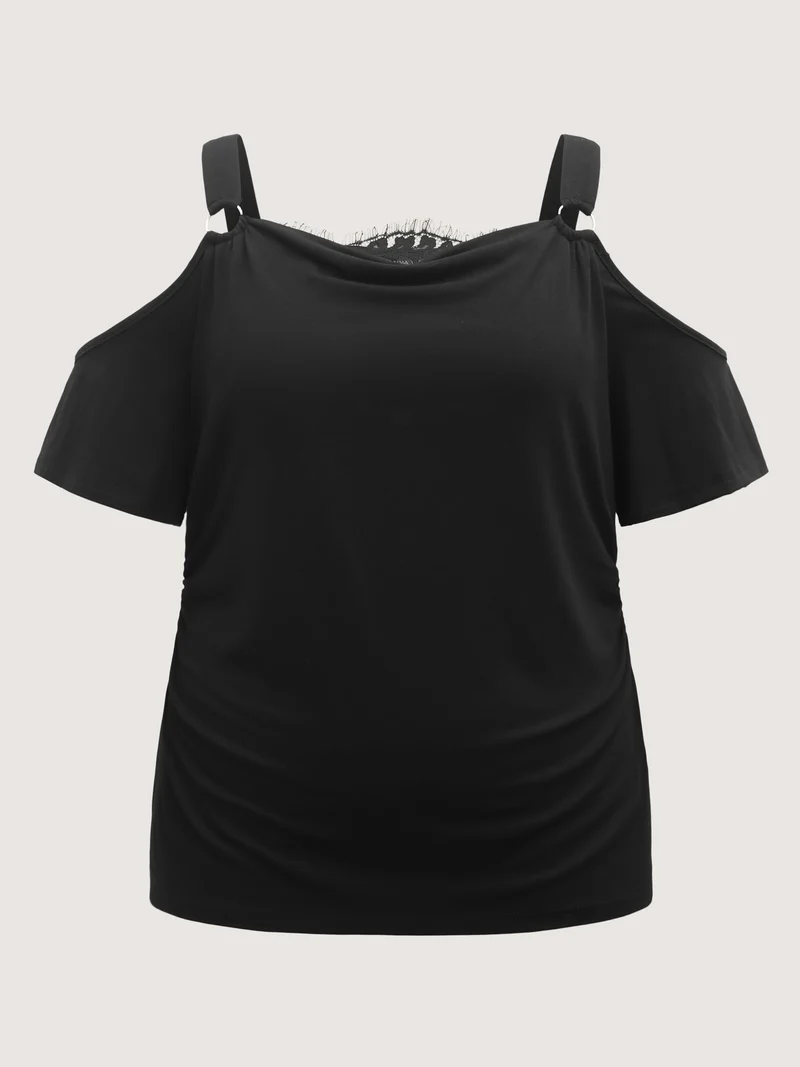 Lace Trim Cowl Neck Off-Shoulder T-Shirt