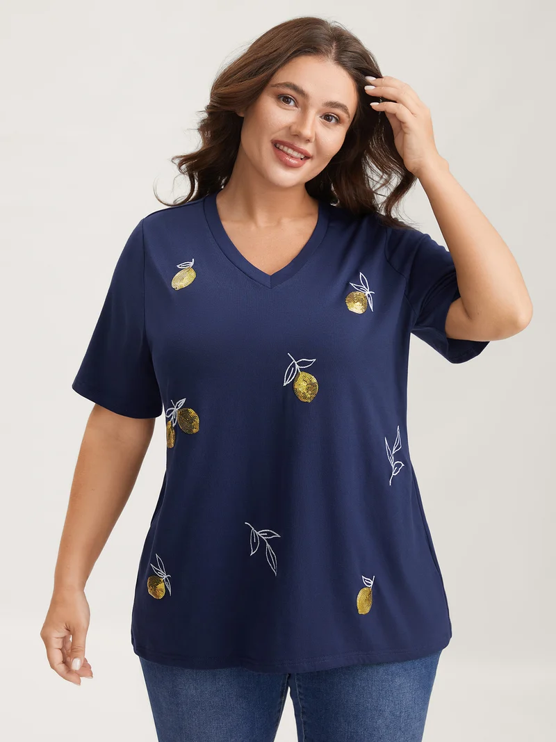 Citrus Embroidered Shimmery Solid T-Shirt