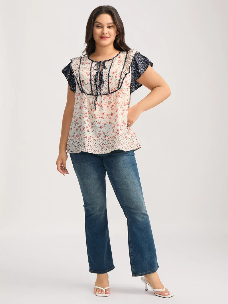 Floral Panel Ruffled Sleeve Blouse