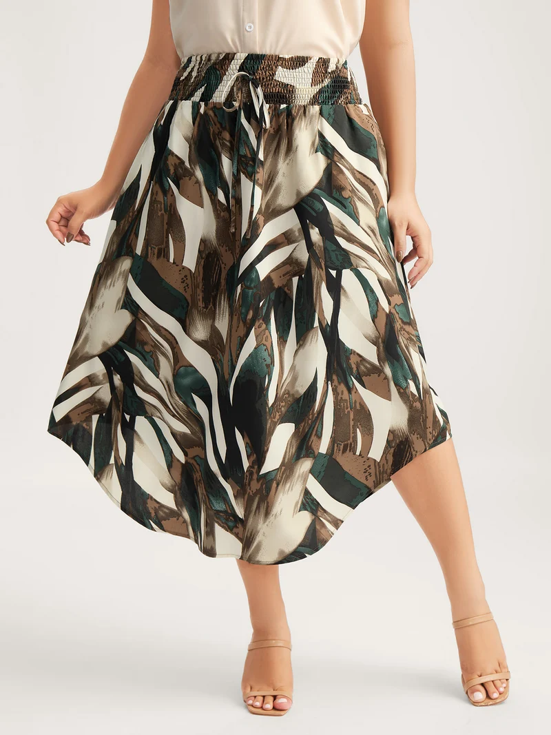 Brushstroke Print Stretchy Waist Midi Skirt