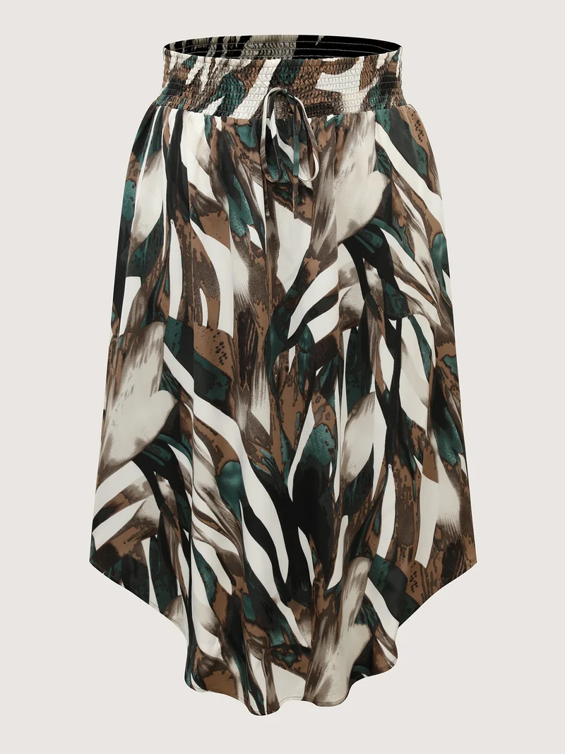 Brushstroke Print Stretchy Waist Midi Skirt