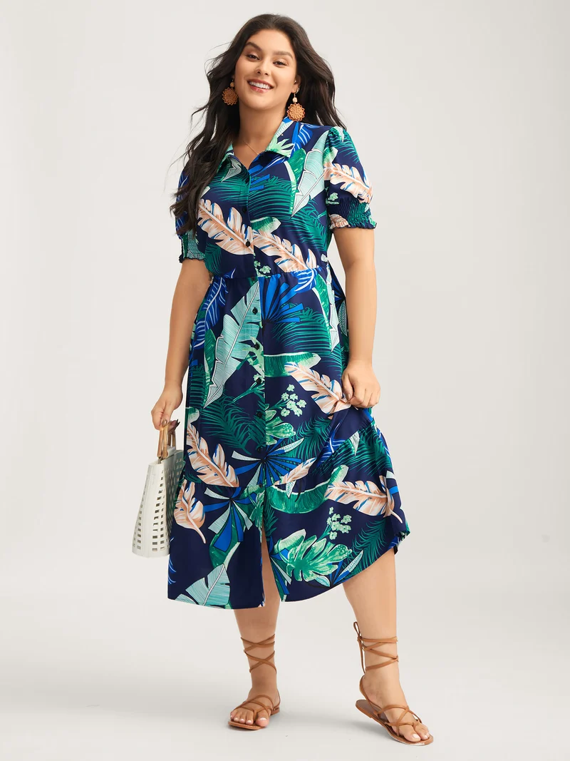 Tropical Print Stretchy Waist Pockets Midi Dress