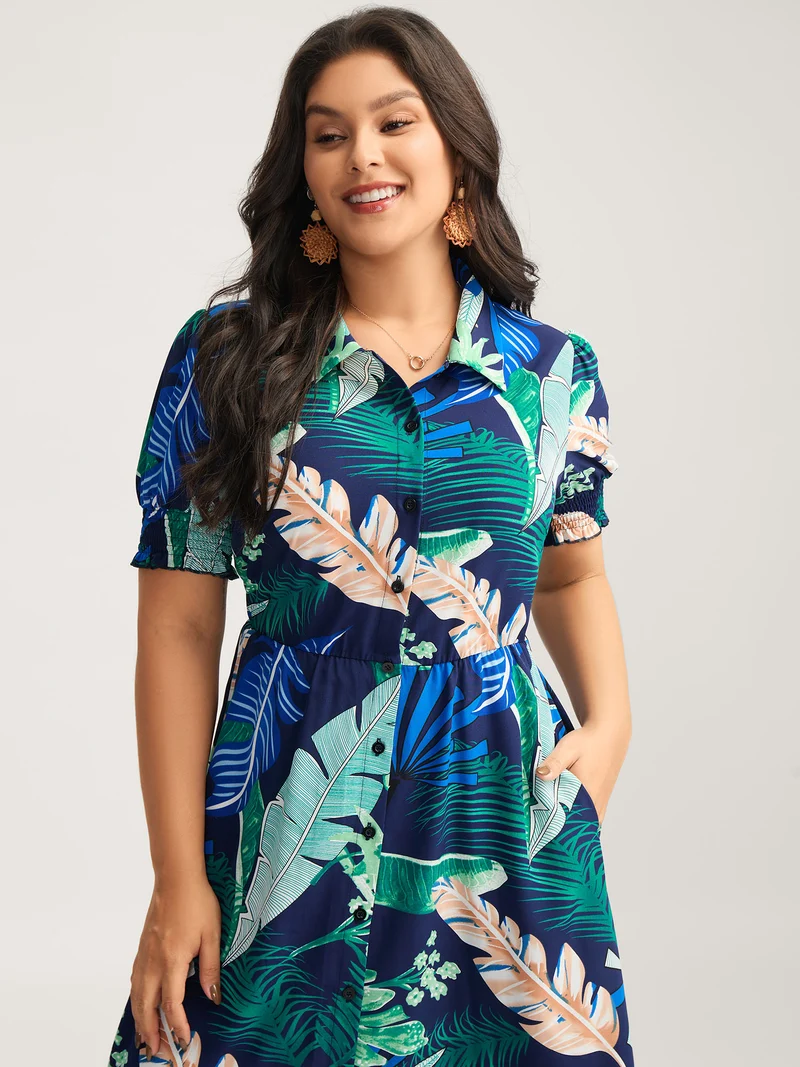 Tropical Print Stretchy Waist Pockets Midi Dress
