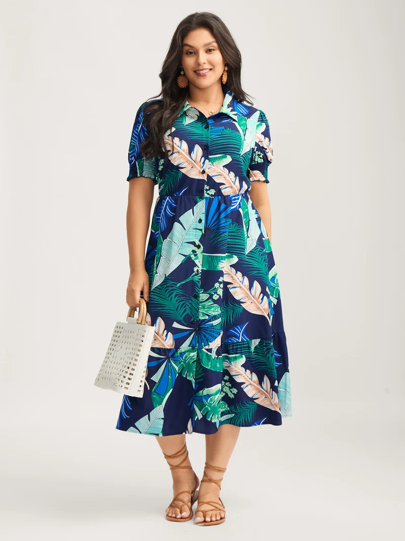 Tropical Print Stretchy Waist Pockets Midi Dress