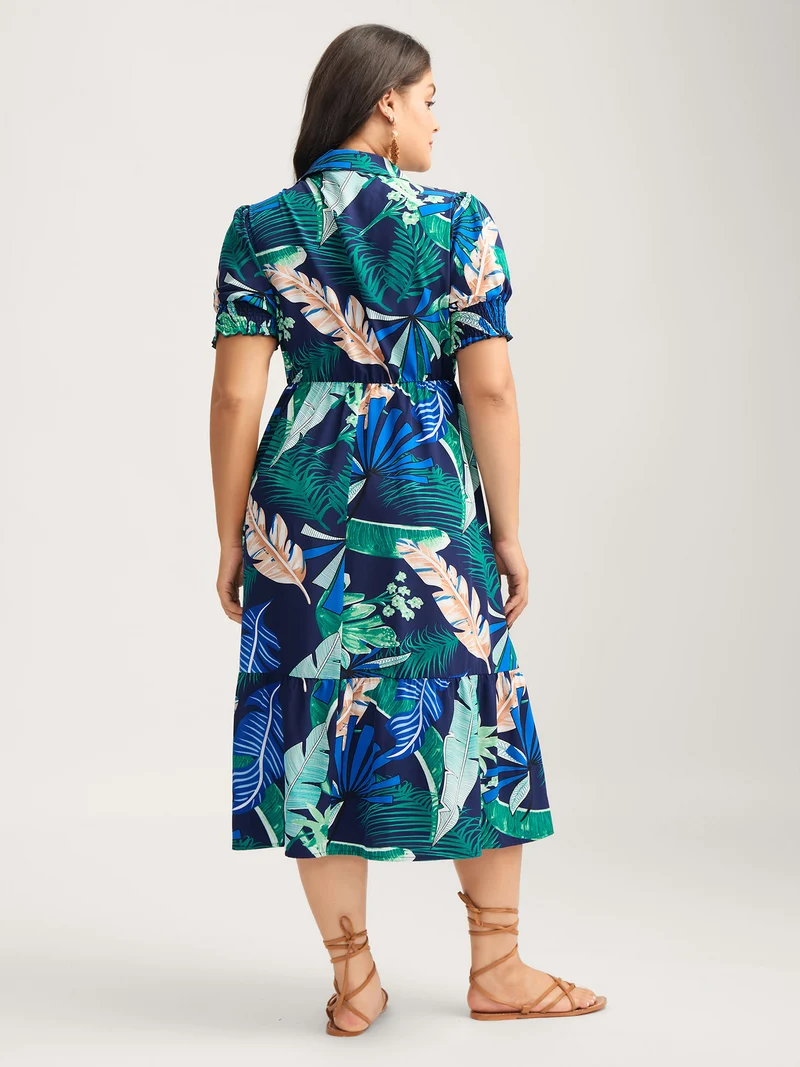 Tropical Print Stretchy Waist Pockets Midi Dress