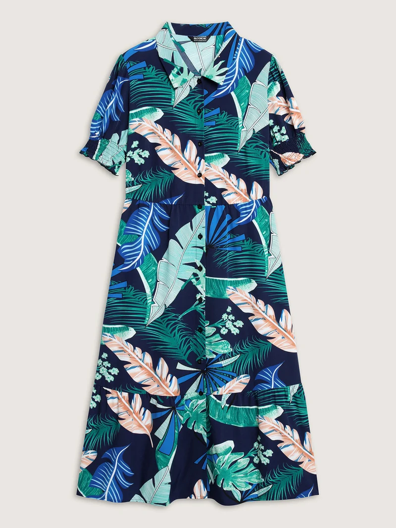 Tropical Print Stretchy Waist Pockets Midi Dress