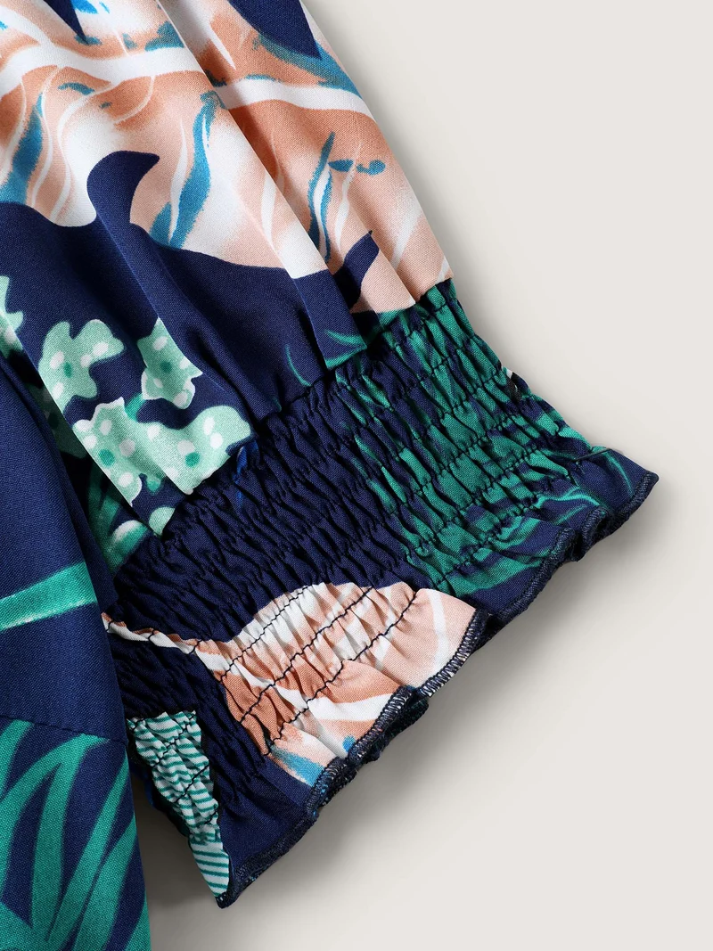Tropical Print Stretchy Waist Pockets Midi Dress