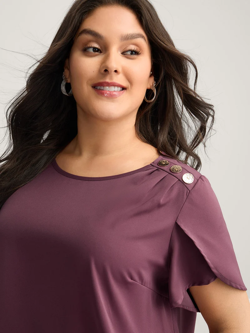 Petal Sleeve Shoulder Button Solid Blouse