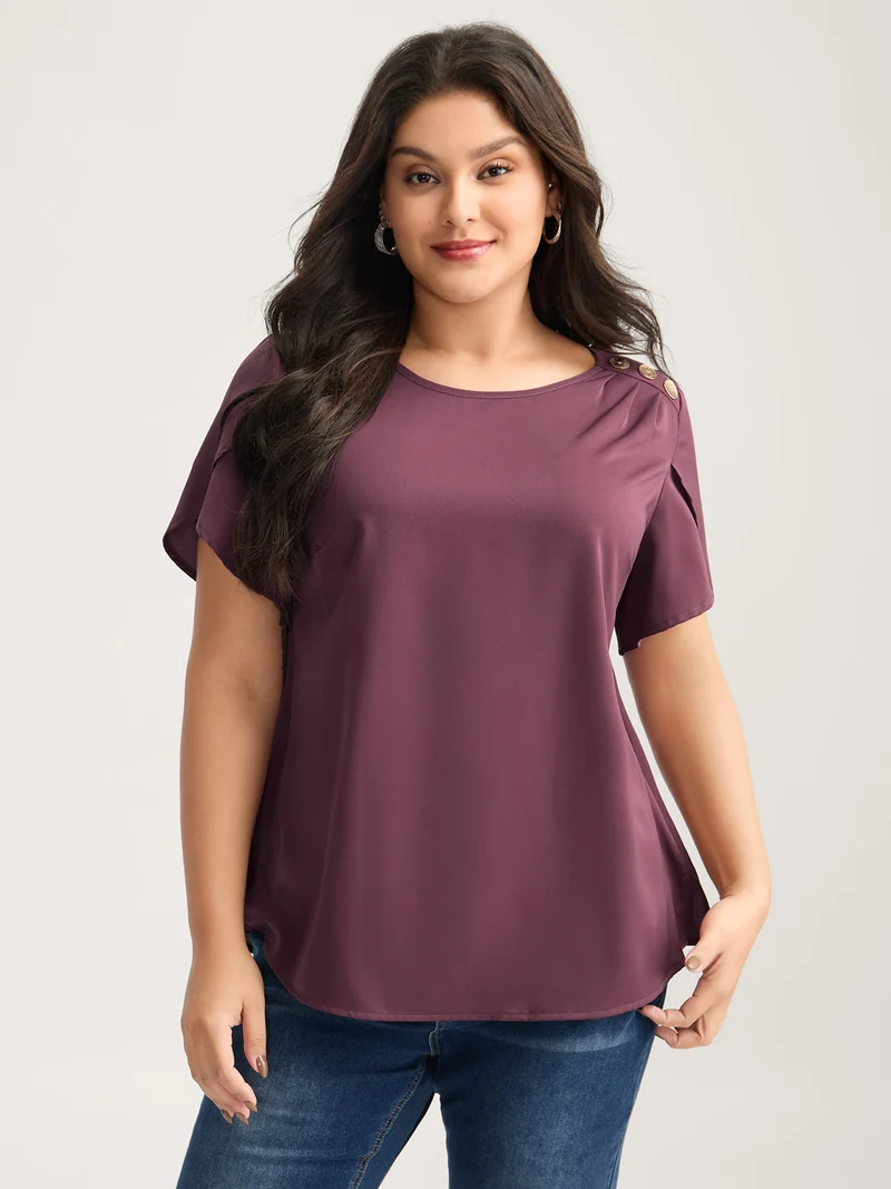 Petal Sleeve Shoulder Button Solid Blouse