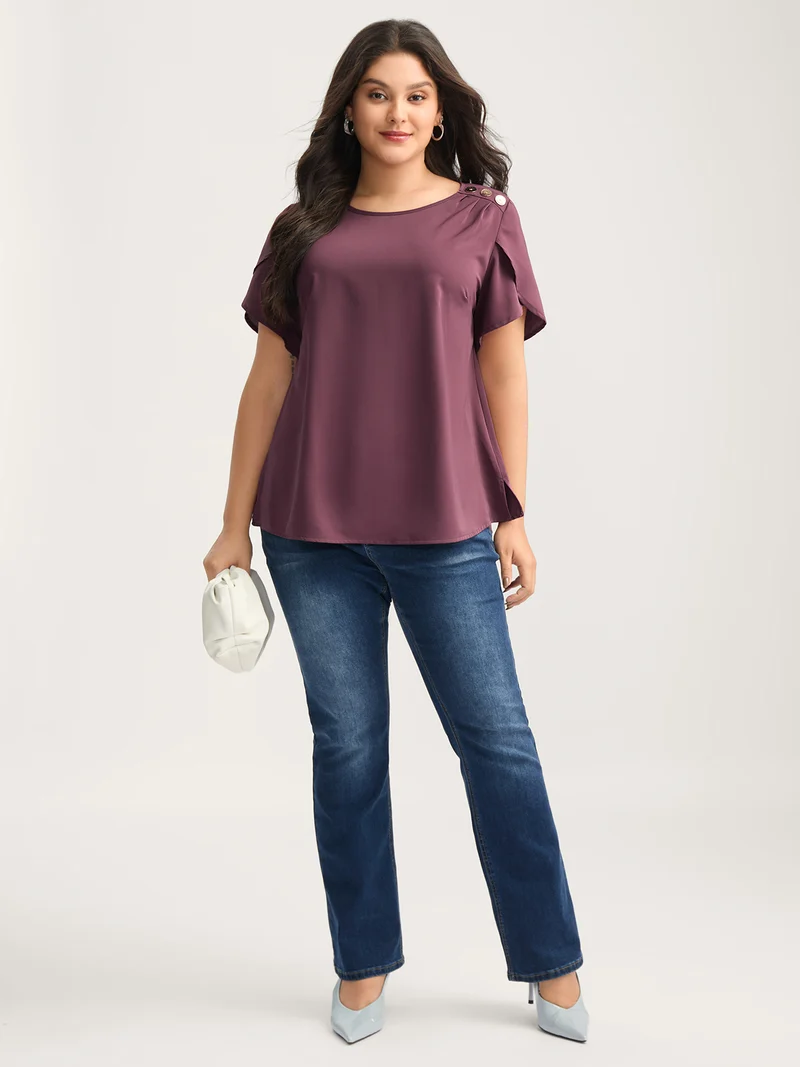 Petal Sleeve Shoulder Button Solid Blouse