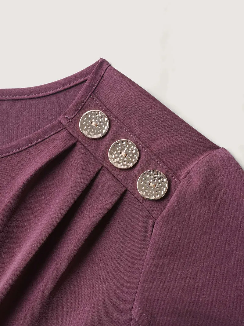 Petal Sleeve Shoulder Button Solid Blouse