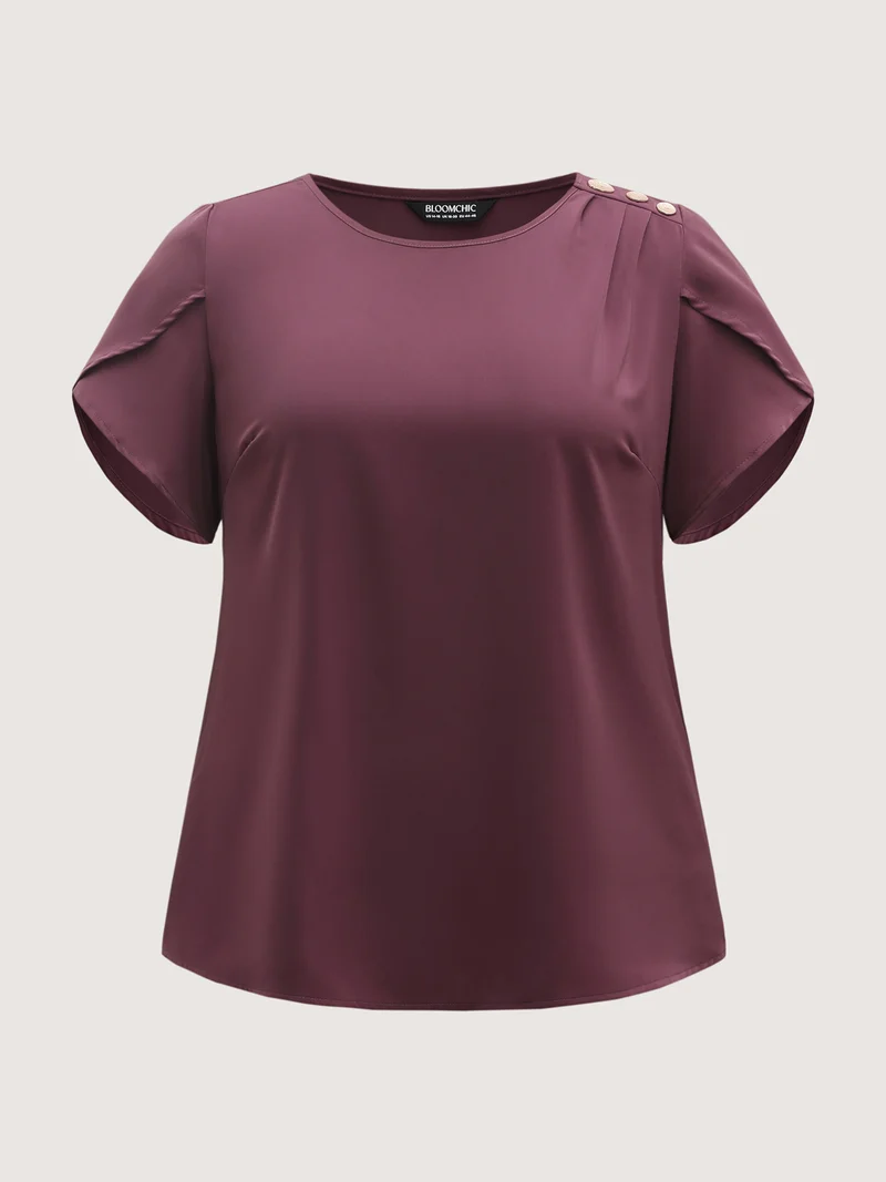 Petal Sleeve Shoulder Button Solid Blouse
