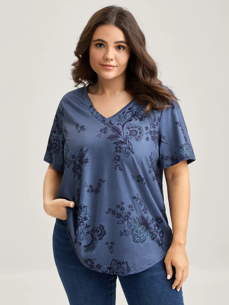 Floral V-Neck Drapey T-Shirt