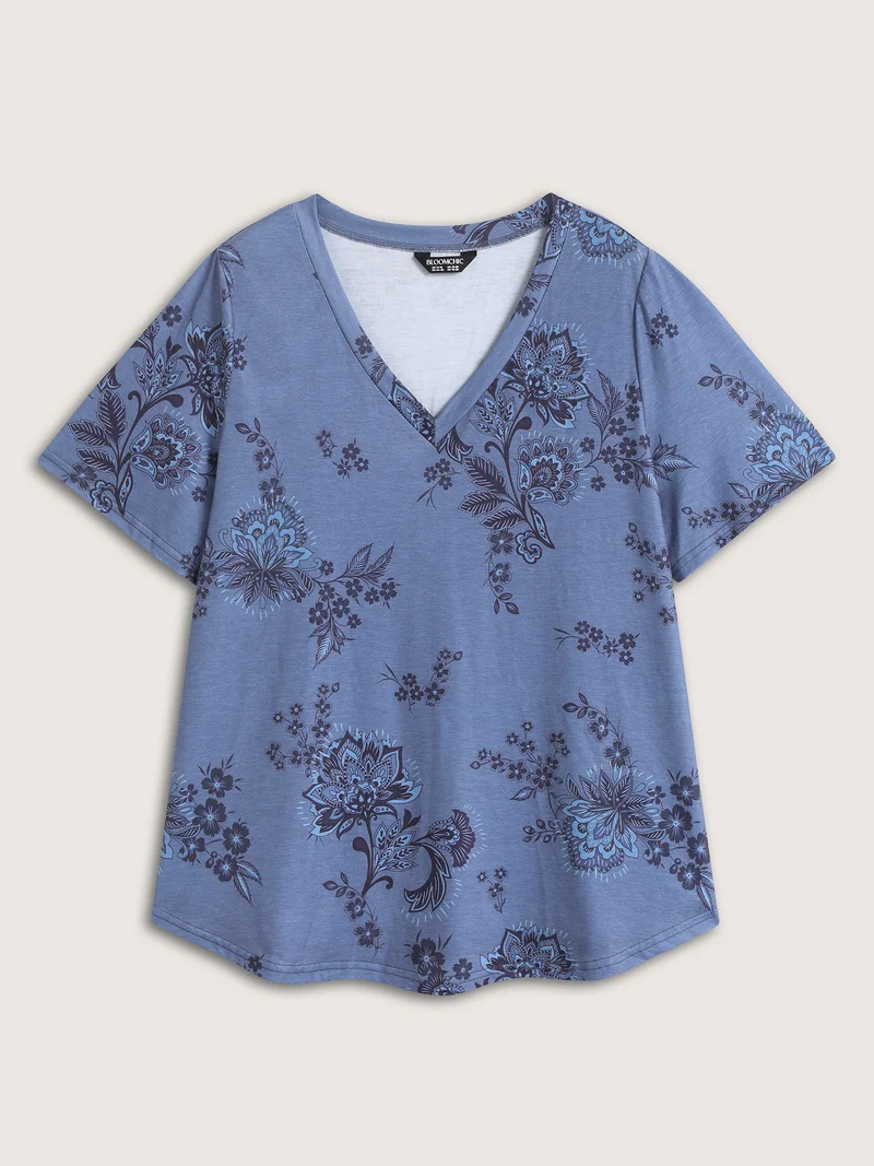 Floral V-Neck Drapey T-Shirt