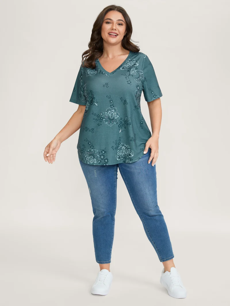 Floral V-Neck Drapey T-Shirt