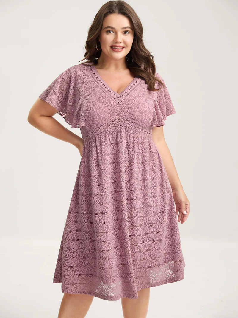 Lace Elegance Ruffled Stretchy-Waist Midi Dress