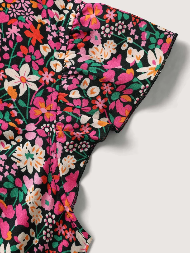 Floral Print Shirred Waist Ruffled Midi Dress